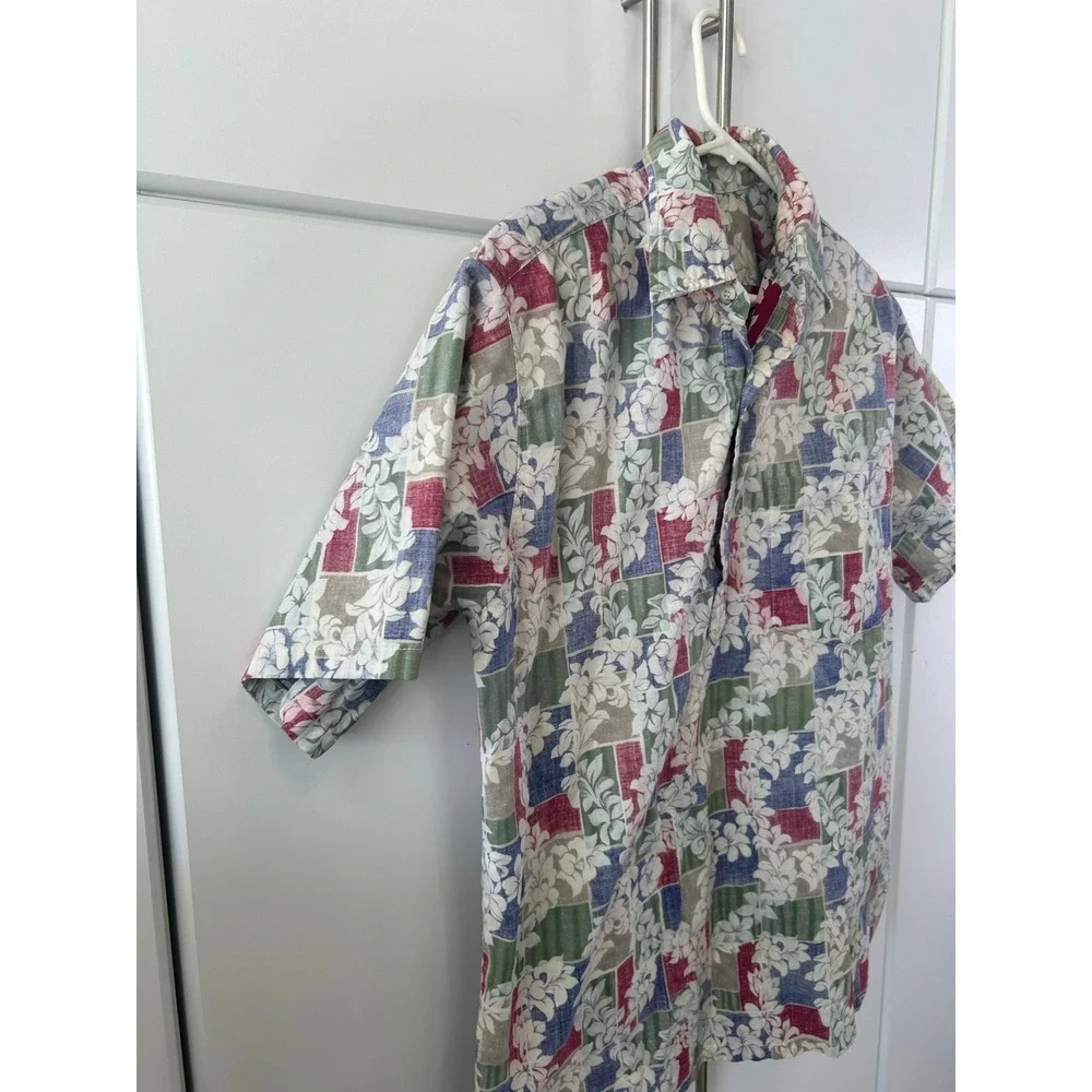 Go Barefoot Mens Hawaiian Shirt Large Floral‎ Patchwork Cotton Made in USA